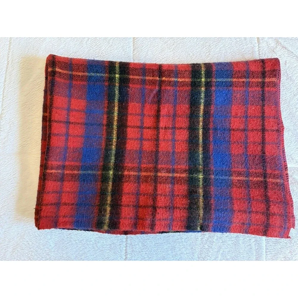 Vintage Acrylic Blanket Plaid Blue Red Black Yellow 70